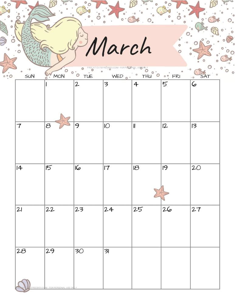 March 2021 calendar with cute mermaid #cutefreebiesforyou #mermaid #freeprintable