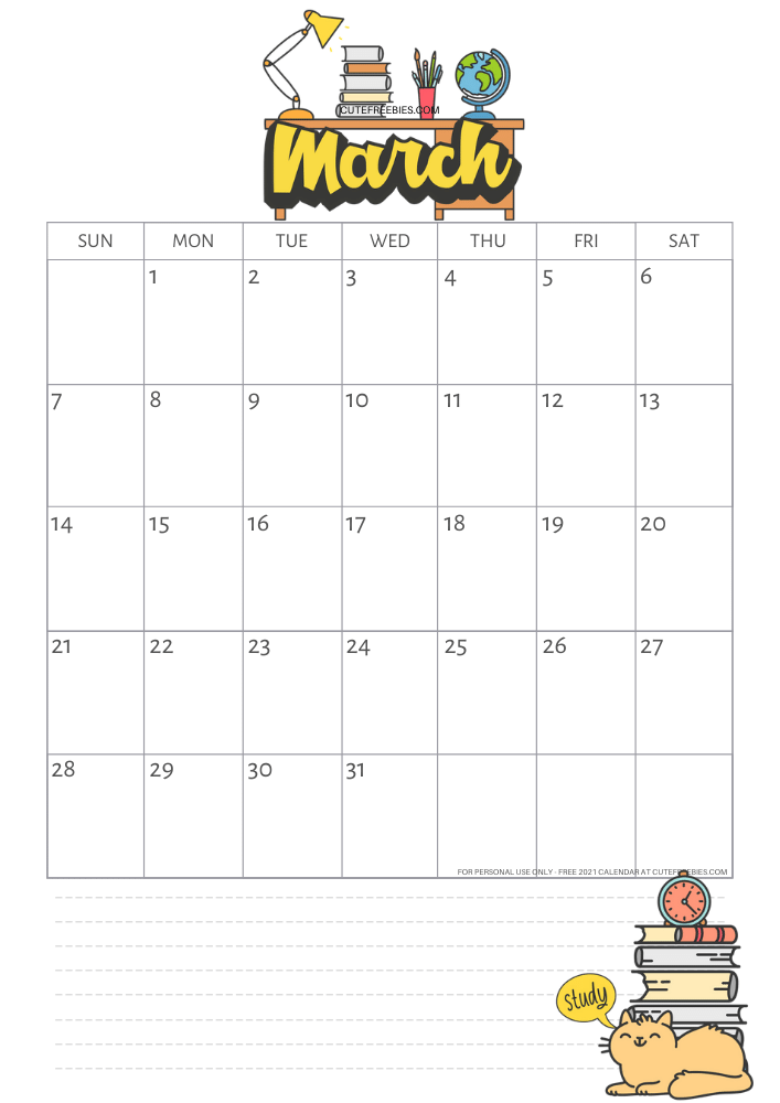 March 2021 school calendar template, free printable monthly planner #cutefreebiesforyou - SEE PREVIOUS POST TO DOWNLOAD THE FREE PDF