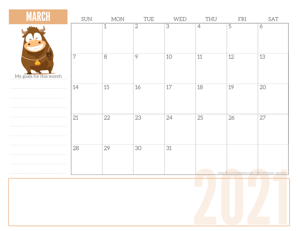 March 2021 year of the ox calendar - free printable monthly planner #freeprintable #cutefreebiesforyou SEE PREVIOUS POST TO DOWNLOAD THE PDF FILE