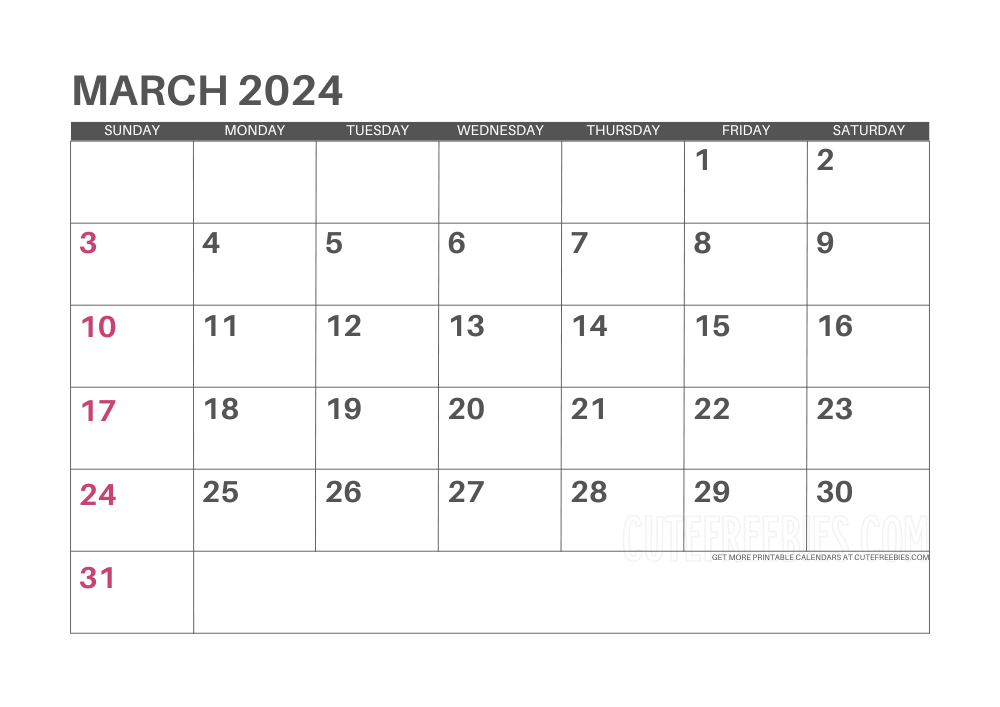 March 2024 calendar - free printable monthly planner #cutefreebiesforyou - SEE PREVIOUS POST TO DOWNLOAD THE COMPLETE 2024 CALENDAR