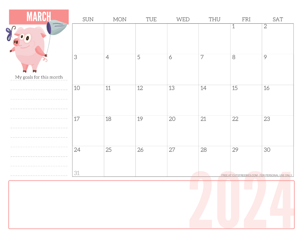MARCH 2024 CUTE monthly planner - free printable 2024 monthly calendar pink pig #printablesandinspirations #freeprintable SEE PREVIOUS POST TO DOWNLOAD THE COMPLETE 2024 CALENDAR