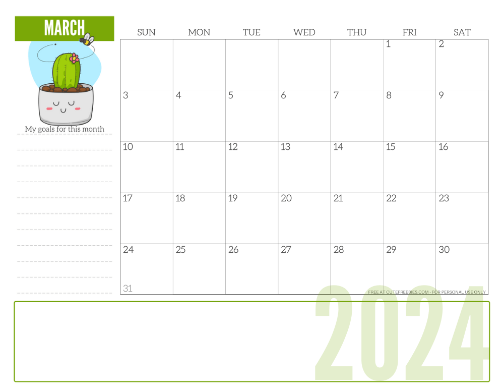 MARCH 2024 cute monthly planner with plant - free printable 2024 cute calendar for plant lovers #freeprintable #cutefreebiesforyou SEE PREVIOUS POST TO DOWNLOAD THE COMPLETE 2024 CALENDAR