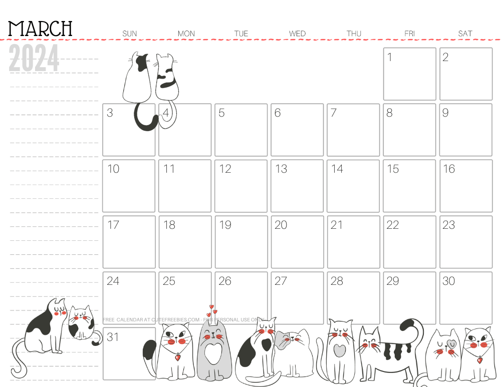 March 2024 monthly planner cat free printable #cutefreebiesforyou - SEE PREVIOUS POST TO DOWNLOAD THE COMPLETE 2024 CALENDAR