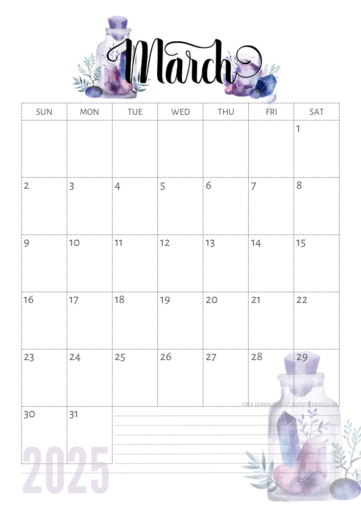 March 2025 calendar - free printable monthly calendar with purple crystals (SEE PREVIOUS POST TO DOWNLOAD THE COMPLETE 2025 CALENDAR)