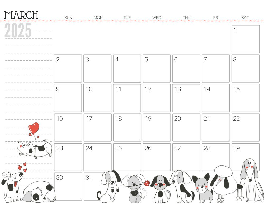 March 2025 calendar cute dog free printable #cutefreebiesforyou SEE PREVIOUS POST TO DOWNLOAD THE COMPLETE 2025 CALENDAR