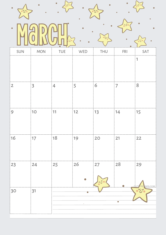 March 2025 Yellow stars calendar free printable - SEE PREVIOUS POST TO DOWNLOAD THE COMPLETE 2025 CALENDAR