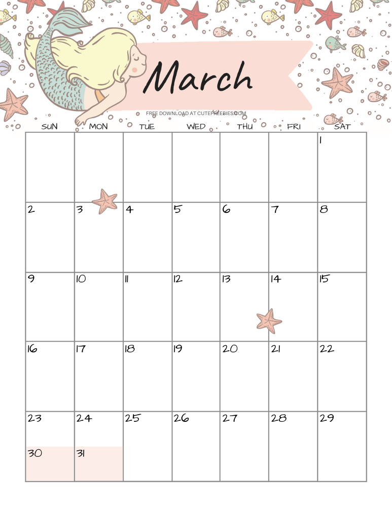 March 2025 monthly calendar with cute mermaid #cutefreebiesforyou #mermaid #freeprintable SEE PREVIOUS POST TO DOWNLOAD THE COMPLETE 2025 CALENDAR