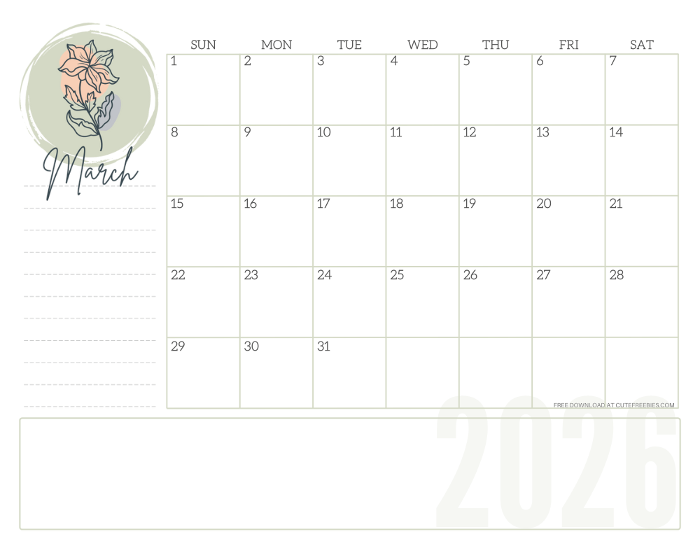 March 2026 minimalist floral aesthetic calendar - simple floral line design #cutefreebiesforyou #freeprintable SEE PREVIOUS POST TO DOWNLOAD THE COMPLETE 2026 CALENDAR