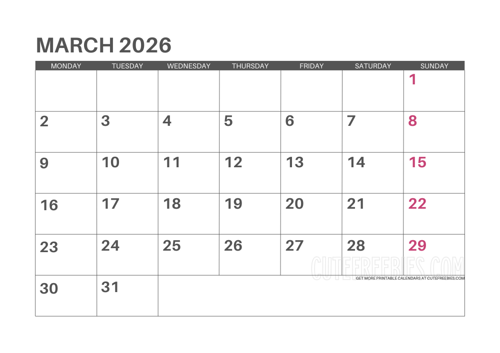 March 2026 Monday calendar free printable monthly planner #cutefreebiesforyou - SEE PREVIOUS POST TO DOWNLOAD THE COMPLETE 2026 CALENDAR PLANNER