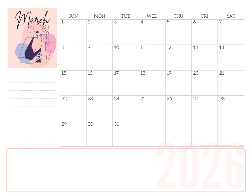 March 2026 line art calendar for women - free printable monthly planner - CLICK PREVIOUS POST TO DOWNLOAD THE COMPLETE 2026 CALENDAR