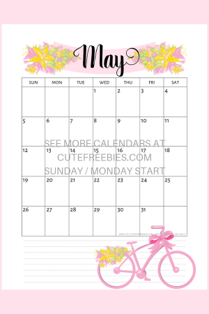 Free May 2019 Calendar Printable -Bullet Journal Themes! May monthly planner with hot air balloons, bicycles, ice cream, cats and sea themes. #freeprintable #bulletjournal #bujomonthly #cutefreebiesforyou