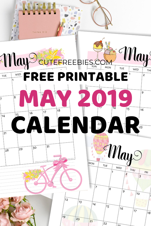 Free May 2019 Calendar Printable -Bullet Journal Themes! May monthly planner with hot air balloons, bicycles, ice cream, cats and sea themes. #freeprintable #bulletjournal #bujomonthly #cutefreebiesforyou