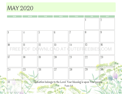 May 2020 calendar free printable pdf download. #cutefreebiesforyou #bibleversefortheday #bibleverse #freeprintable