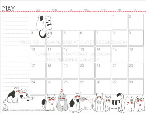 May 2020 calendar with cats printable PDF
