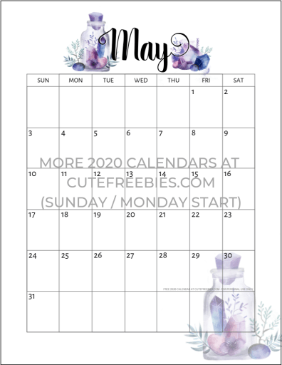 May 2020 Calendar Free Printable - Monthly planner printable with crystal gems. A4 A5 and US Letter size. Free pdf download now! #cutefreebiesforyou #freeprintable #crystals #bujomonthly #gems