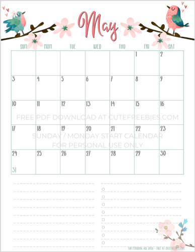 May 2020 calendar printable PDF