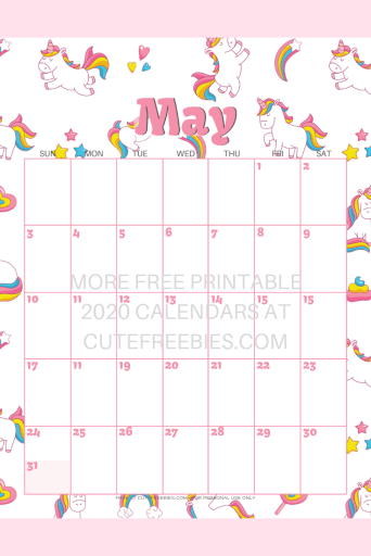 May 2020 calendar with unicorns #unicorn #freeprintable #cutefreebiesforyou