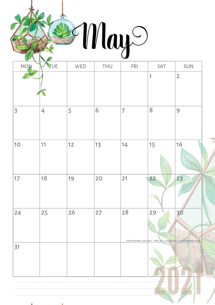 Free printable May 2021 calendar with plants - CLICK PREVIOUS POST to download the PDF
