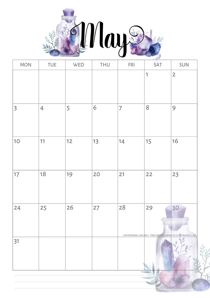 May 2021 calendar - free printable monthly calendar with purple crystals (SEE PREVIOUS POST DO DOWNLOAD THE PDF)