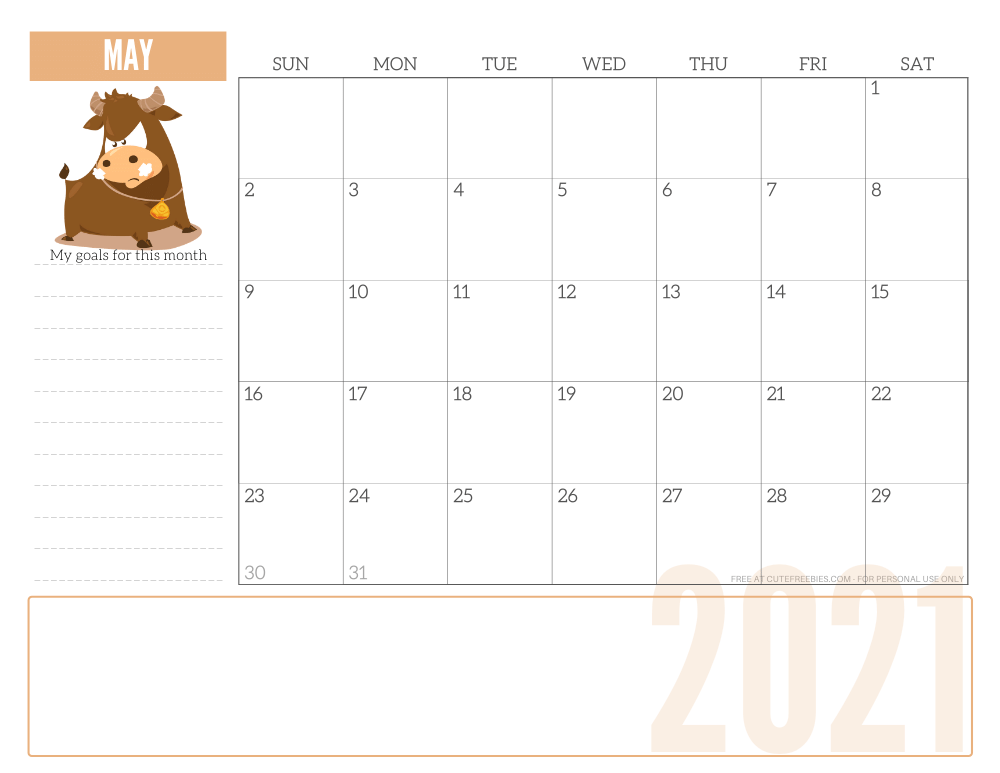 May 2021 year of the ox calendar - free printable monthly planner #freeprintable #cutefreebiesforyou SEE PREVIOUS POST TO DOWNLOAD THE PDF FILE