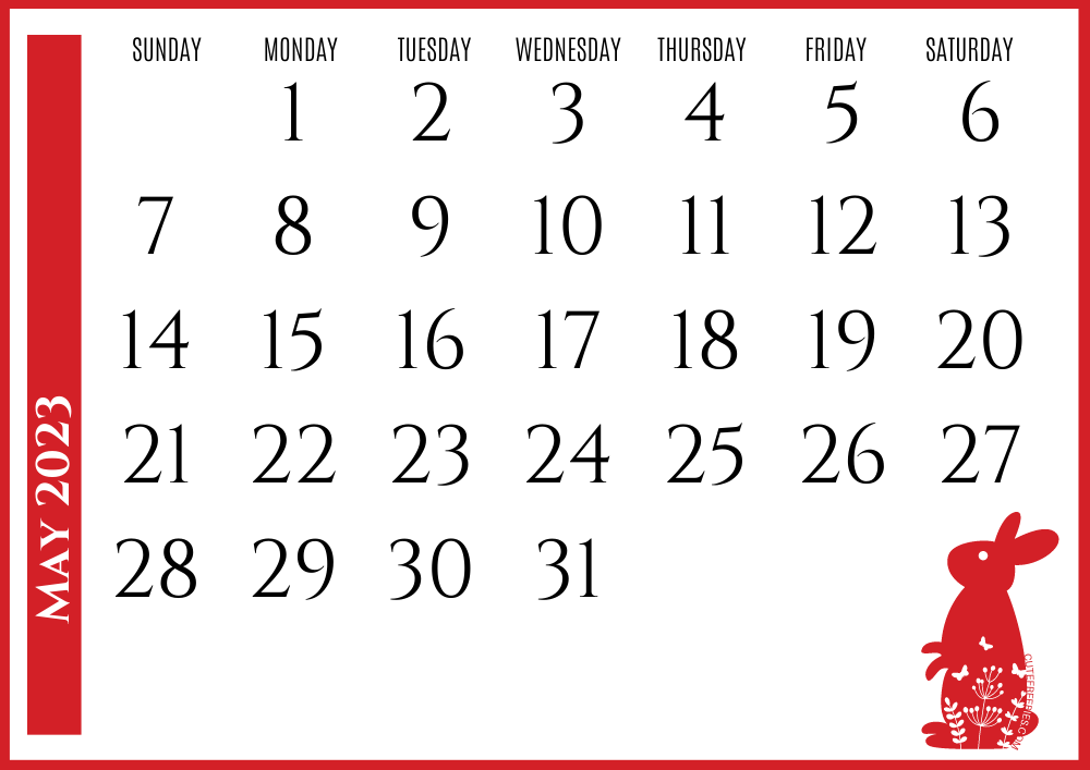 May 2023 Year of the rabbit calendar - Free printable Chinese New Year monthly calendar #cutefreebiesforyou - SEE PREVIOUS POST TO DOWNLOAD THE COMPLETE 2023 CALENDAR
