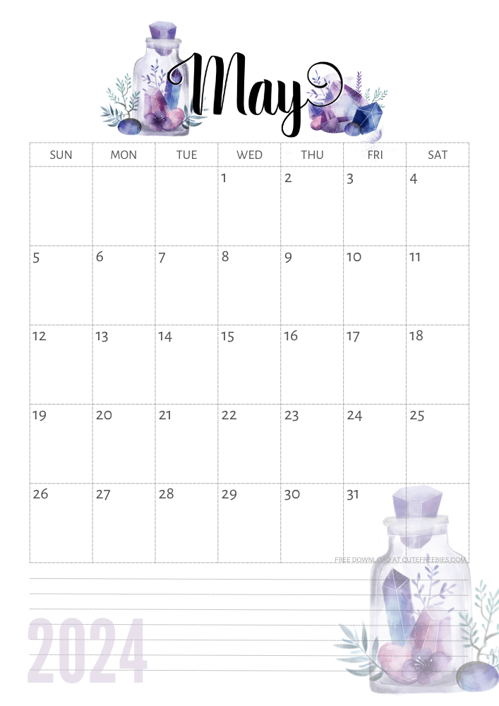 May 2024 calendar - free printable monthly calendar with purple crystals (SEE PREVIOUS POST TO DOWNLOAD THE COMPLETE 2024 CALENDAR)