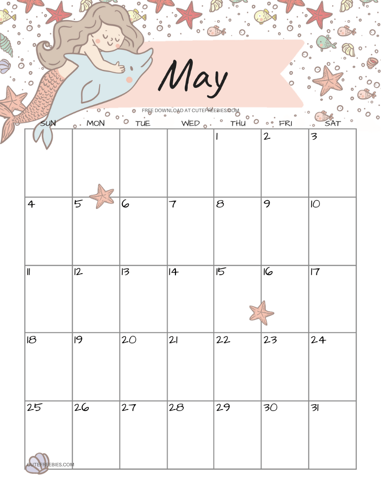 May 2025 monthly calendar with cute mermaid #cutefreebiesforyou #mermaid #freeprintable SEE PREVIOUS POST TO DOWNLOAD THE COMPLETE 2025 CALENDAR