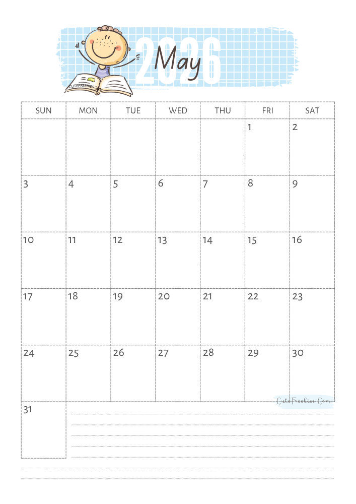 May 2026 cute calendar for kids - free printable monthly planner #cutefreebiesforyou - SEE PREVIOUS POST TO DOWNLOAD THE COMPLETE 2026 CALENDAR