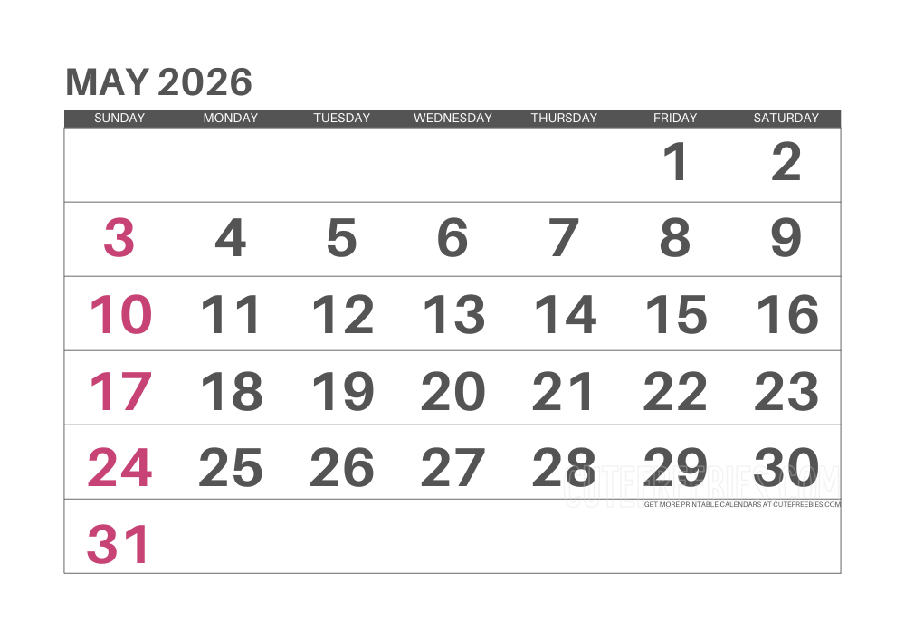 May 2026 monthly calendar #cutefreebiesforyou - SEE PREVIOUS POST TO DOWNLOAD THE COMPLETE 2026 CALENDAR