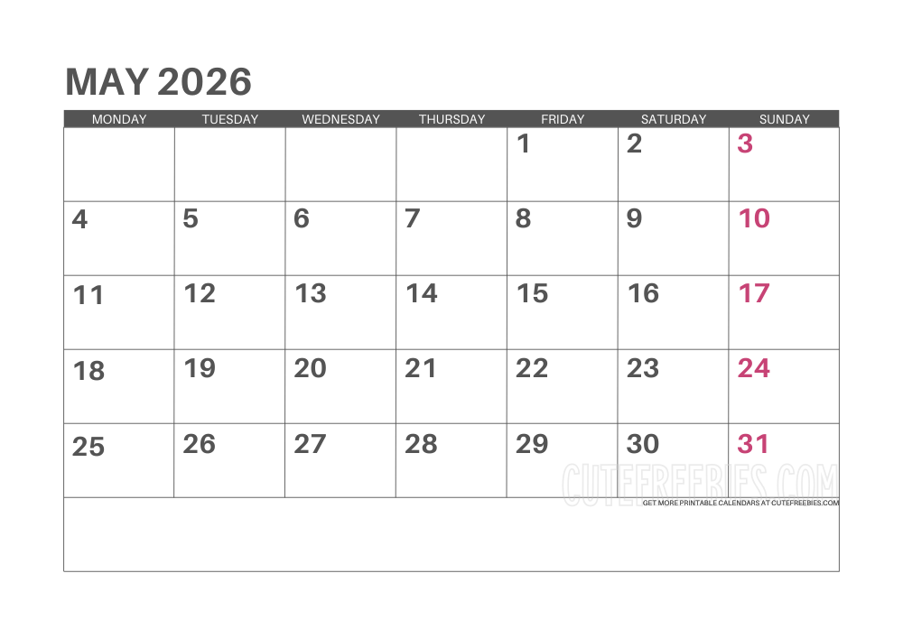 May 2026 Monday calendar free printable monthly planner #cutefreebiesforyou - SEE PREVIOUS POST TO DOWNLOAD THE COMPLETE 2026 CALENDAR PLANNER