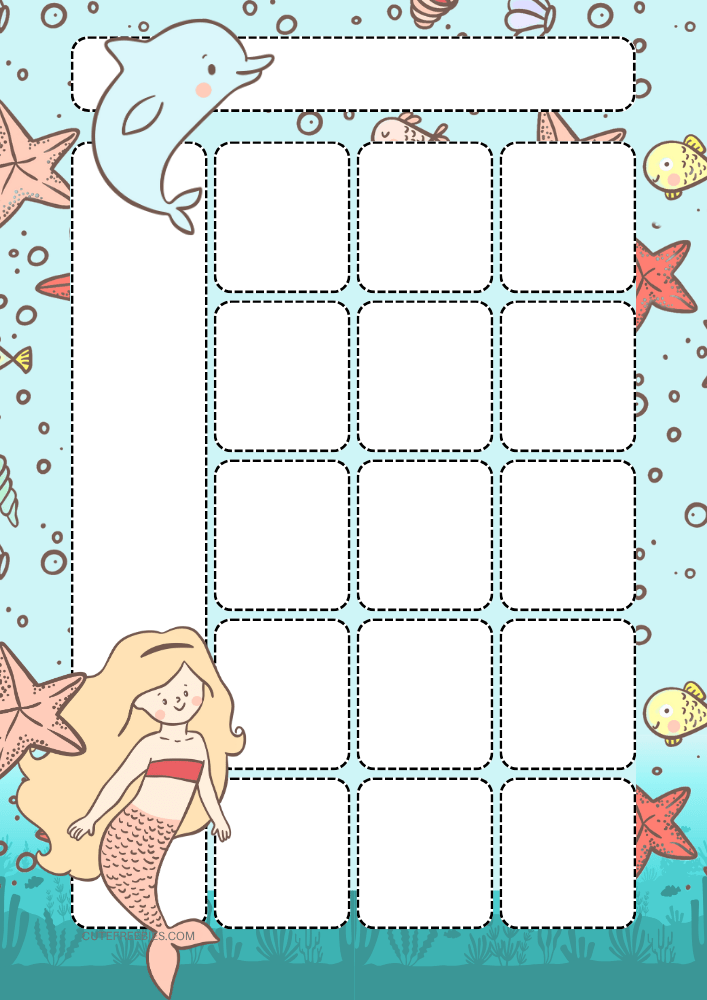 Free printable monthly calendar spread PDF template with mermaids and sea theme