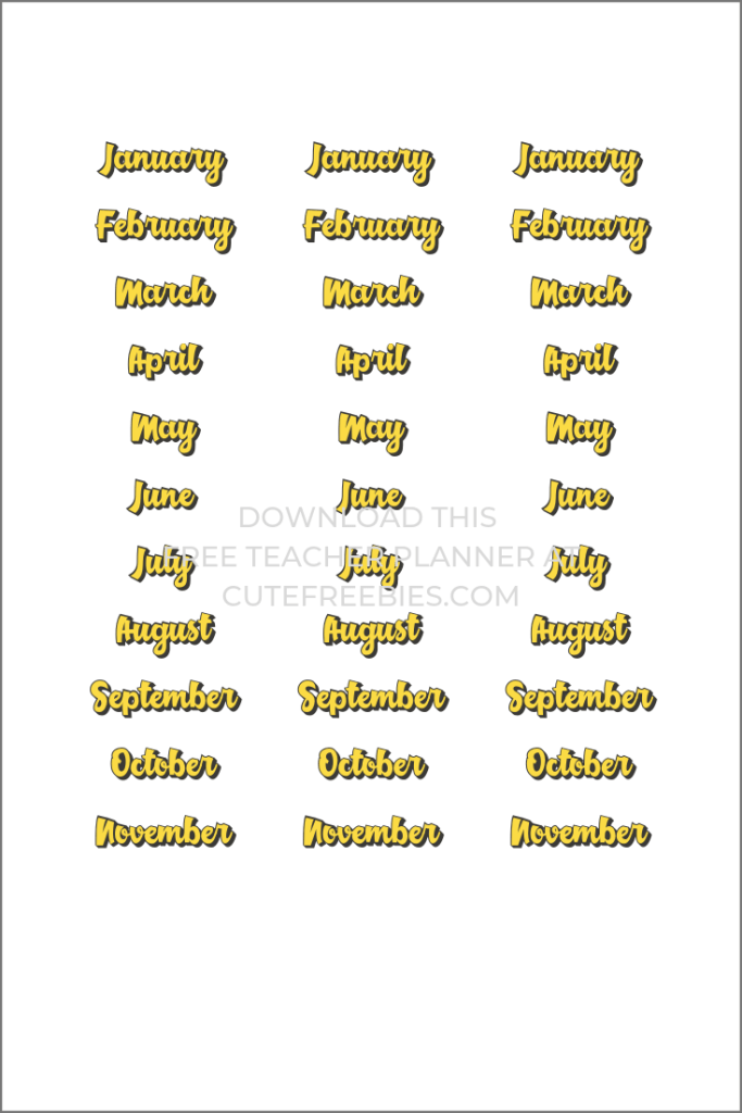 Month labels - names of the month - for the Teacher planner by CuteFreebies.Com