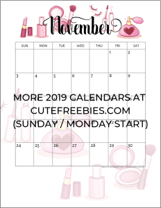 November 2019 Calendar Printable Planner - Free Printable #cutefreebiesforyou #makeuplover #freeprintable