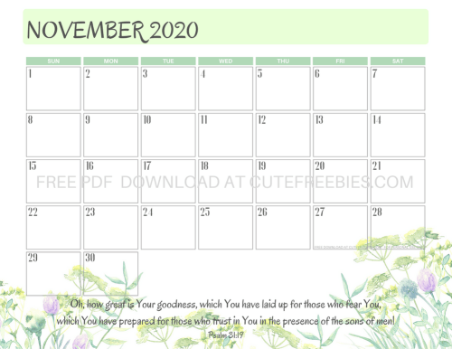 November 2020 calendar free printable pdf download. #cutefreebiesforyou #bibleversefortheday #bibleverse #freeprintable