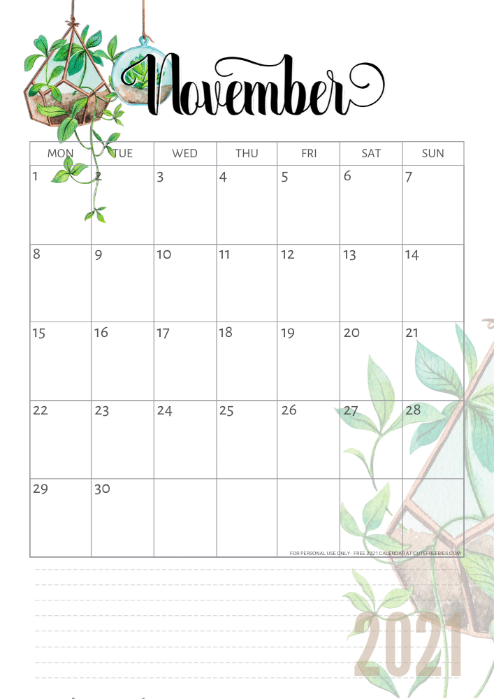 Free printable November 2021 calendar with plants - CLICK PREVIOUS POST to download the PDF