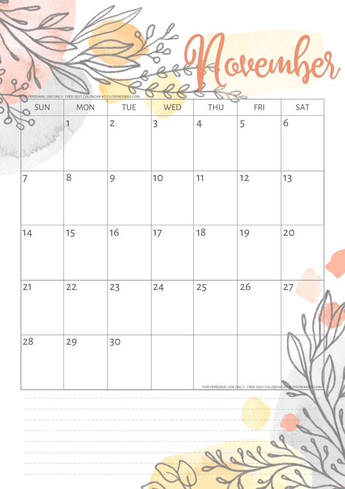 November 2021 calendar free printable monthly planner - See previous post to download the PDF file. #cutefreebiesforyou