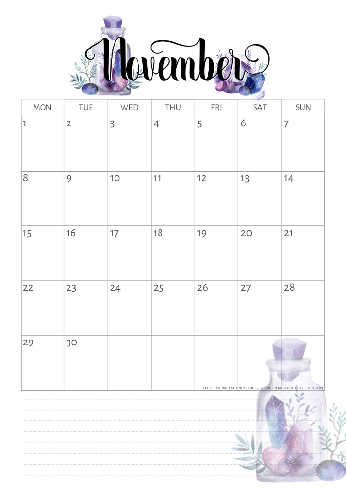 November 2021 calendar - free printable monthly calendar with purple crystals (SEE PREVIOUS POST DO DOWNLOAD THE PDF)