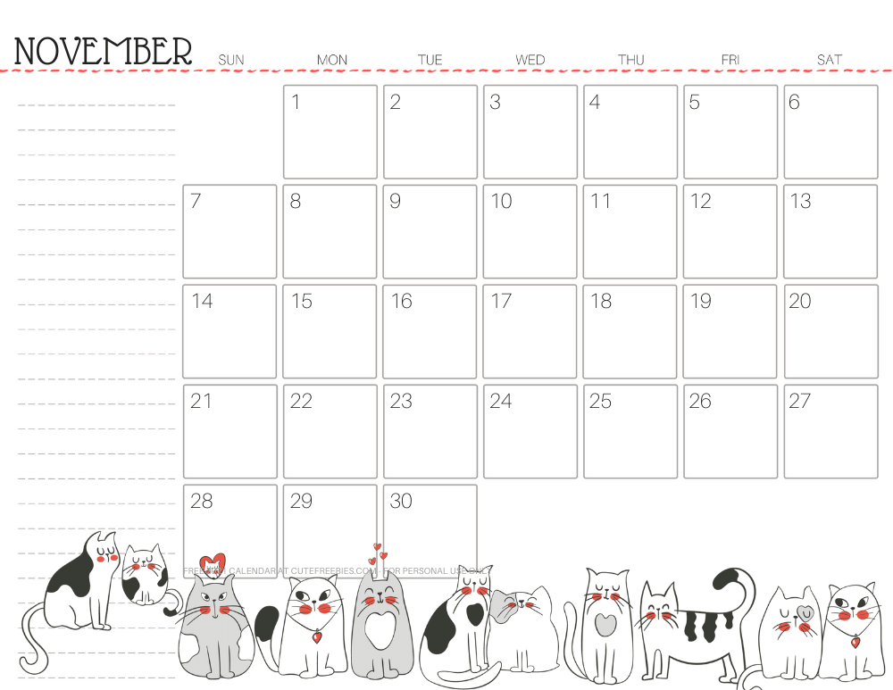 November 2021 monthly planner cat free printable #cutefreebiesforyou - SEE PREVIOUS POST TO DOWNLOAD THE FREE PDF FILE