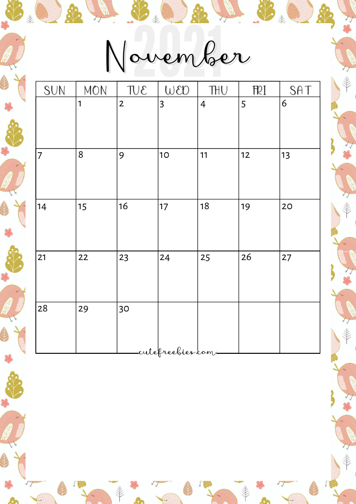 November 2021 Floral Calendar #cutefreebiesforyou #freeprintable #budgetplanner SEE PREVIOUS POST TO GET THE COMPLETE 2021 CALENDAR