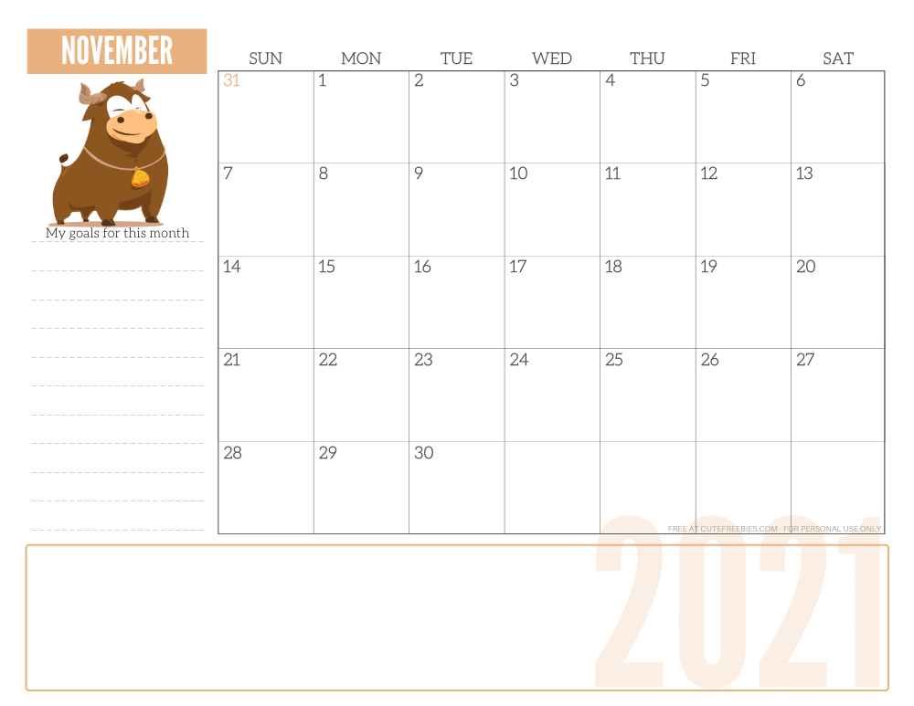 November 2021 year of the ox calendar - free printable monthly planner #freeprintable #cutefreebiesforyou SEE PREVIOUS POST TO DOWNLOAD THE PDF FILE