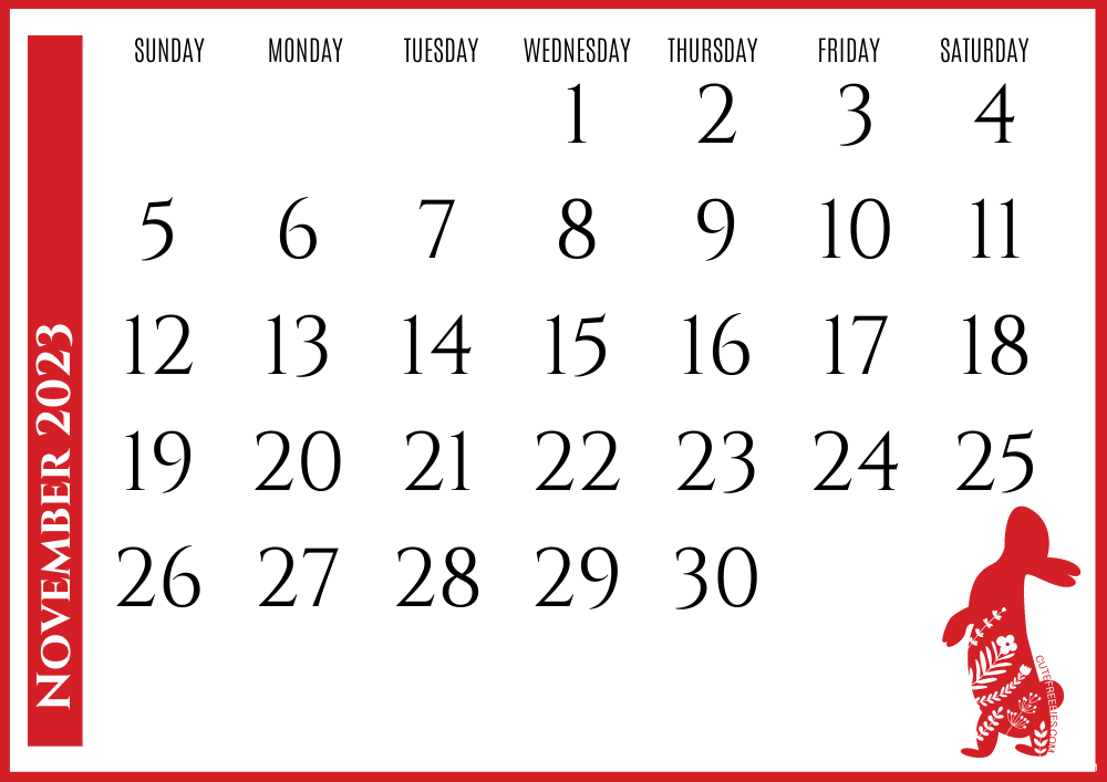 November 2023 Year of the rabbit calendar - Free printable Chinese New Year monthly calendar #cutefreebiesforyou - SEE PREVIOUS POST TO DOWNLOAD THE COMPLETE 2023 CALENDAR