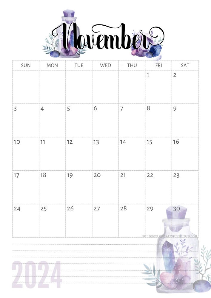 November 2024 calendar - free printable monthly calendar with purple crystals (SEE PREVIOUS POST TO DOWNLOAD THE COMPLETE 2024 CALENDAR)