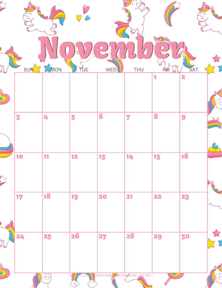 November 2024 calendar with unicorns #unicorn #freeprintable #cutefreebiesforyou