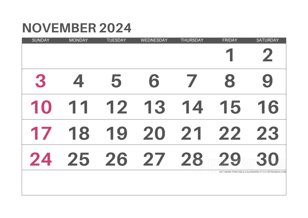 November 2024 monthly calendar #cutefreebiesforyou - SEE PREVIOUS POST TO DOWNLOAD THE COMPLETE 2024 CALENDAR