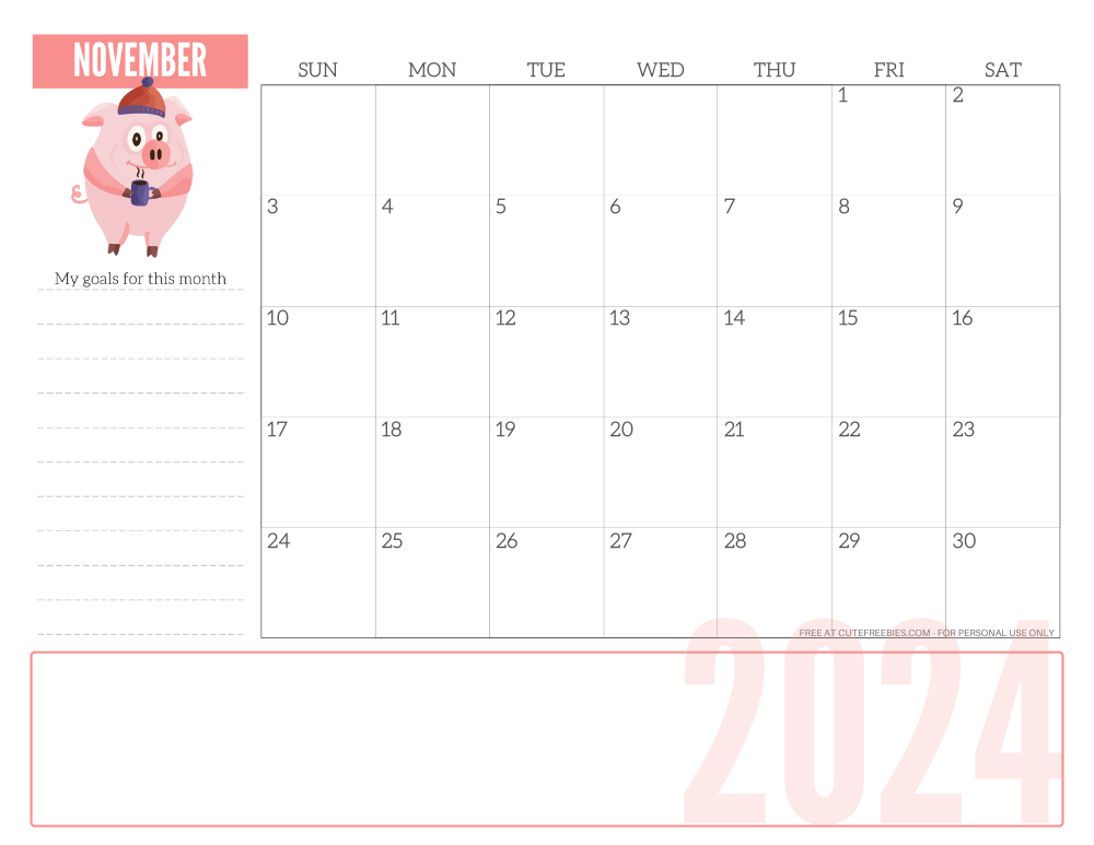 NOVEMBER 2024 CUTE monthly planner - free printable 2024 monthly calendar pink pig #printablesandinspirations #freeprintable SEE PREVIOUS POST TO DOWNLOAD THE COMPLETE 2024 CALENDAR