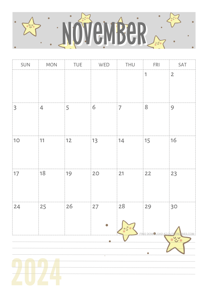 November 2024 Yellow stars calendar free printable - SEE PREVIOUS POST TO DOWNLOAD THE COMPLETE 2024 CALENDAR