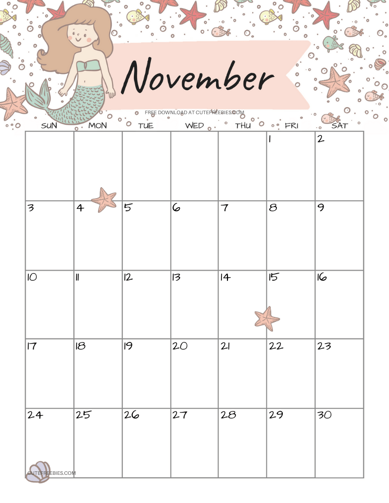 November 2024 monthly calendar with cute mermaid #cutefreebiesforyou #mermaid #freeprintable SEE PREVIOUS POST TO DOWNLOAD THE COMPLETE 2024 CALENDAR