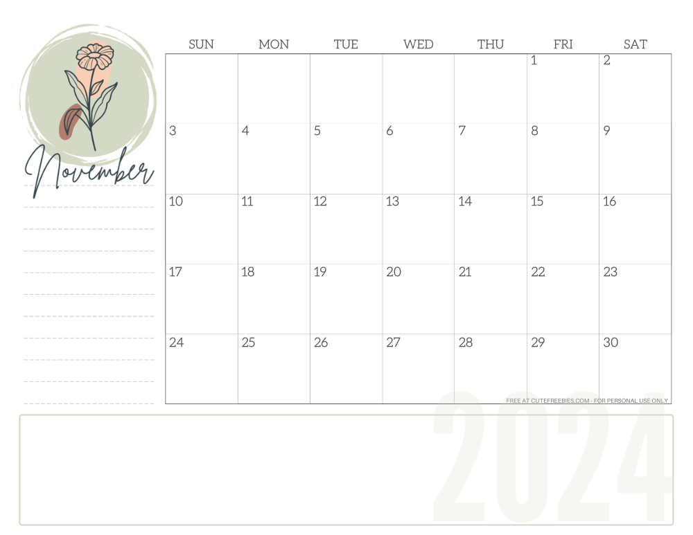 NOVEMBER 2024 minimalist floral calendar - simple floral line design #cutefreebiesforyou #freeprintable SEE PREVIOUS POST TO DOWNLOAD THE COMPLETE 2024 CALENDAR