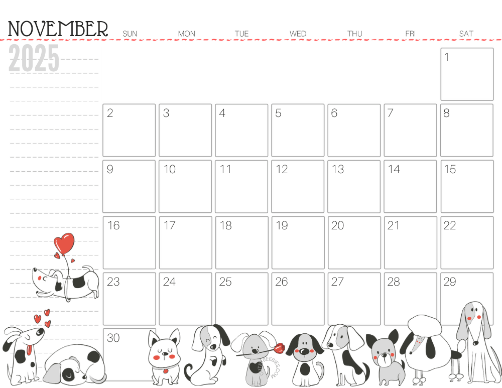 November 2025 calendar cute dog free printable #cutefreebiesforyou SEE PREVIOUS POST TO DOWNLOAD THE COMPLETE 2025 CALENDAR