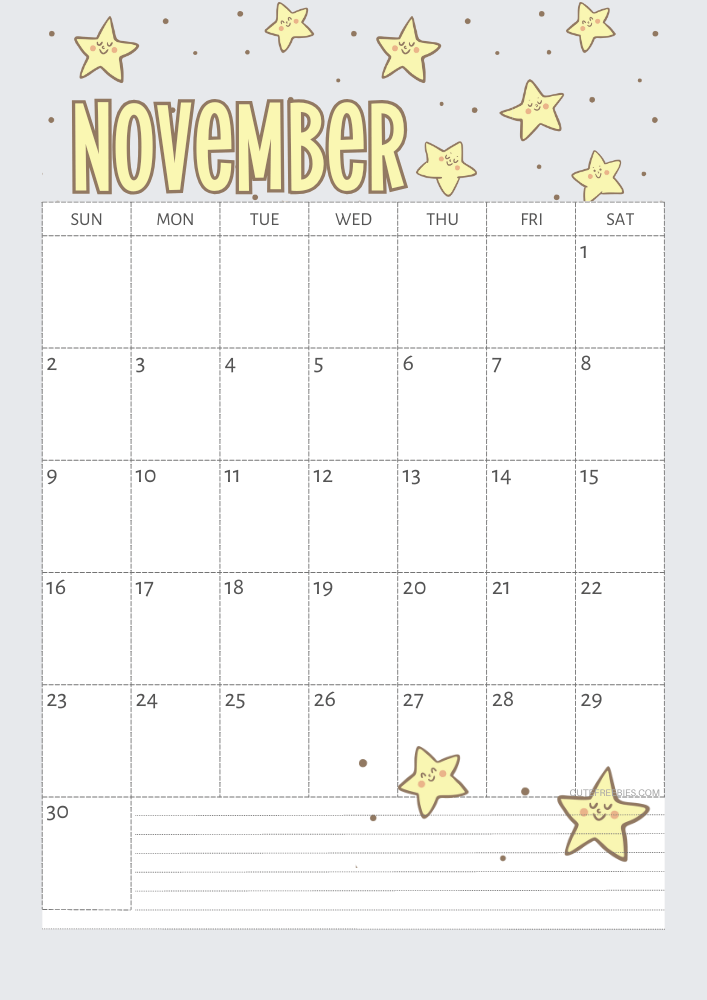 November 2025 Yellow stars calendar free printable - SEE PREVIOUS POST TO DOWNLOAD THE COMPLETE 2025 CALENDAR